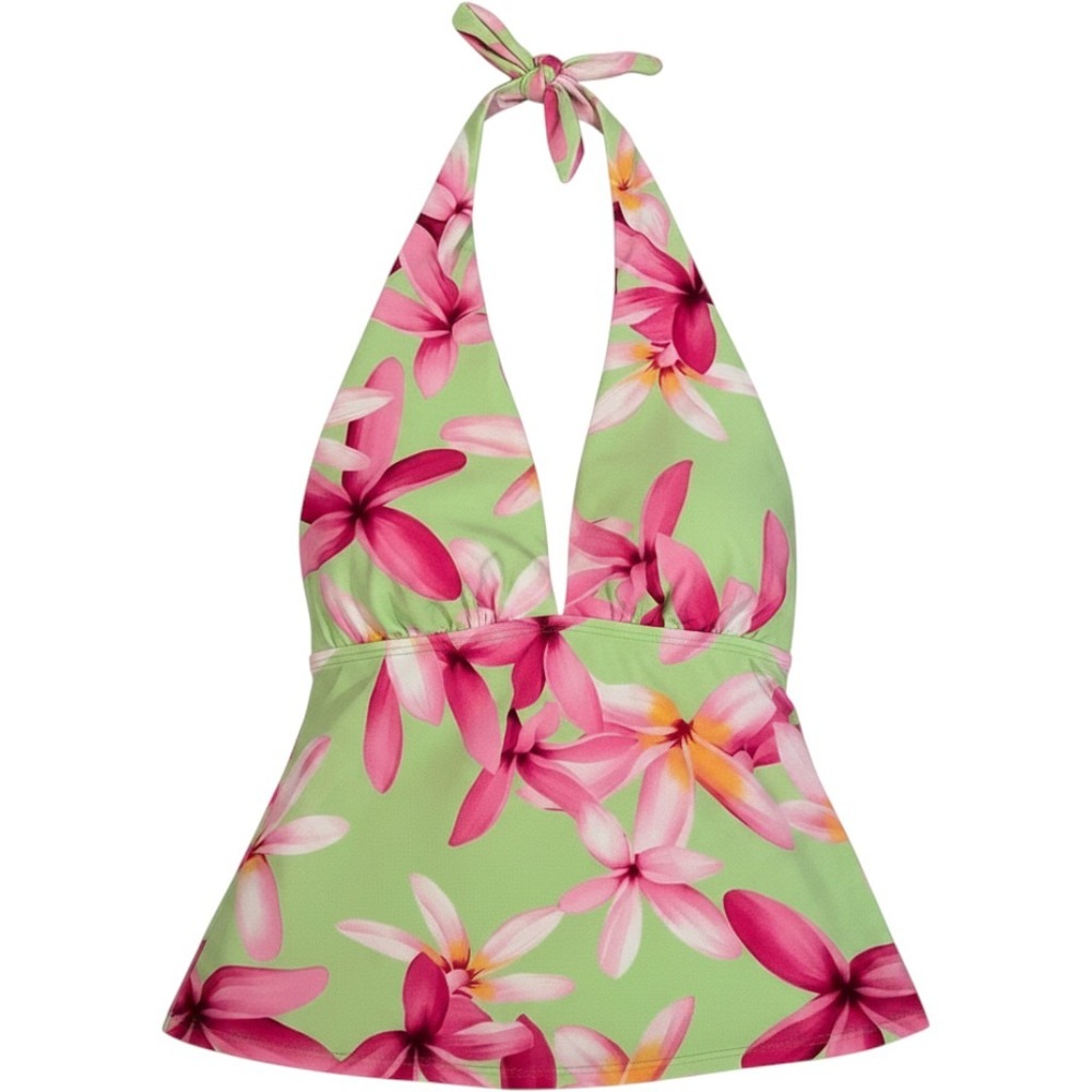 Sessa Green Pink Floral Halter Tankini Swim Top Padded Size 8 Tropical Hawaiian